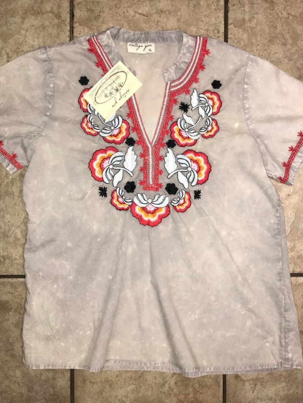 Women's Vintage Goa Embroidered Tie Dye V-neck Shirt-Size XL